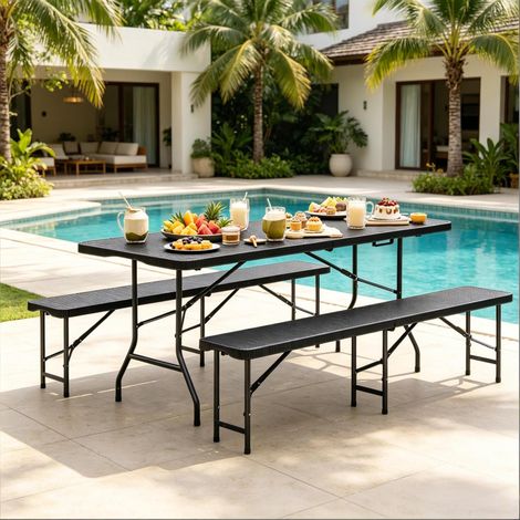 Conjunto de mesa y bancos plegables de jardín 180 x 74 x 70 cm, negro DESVIAE (1/5)