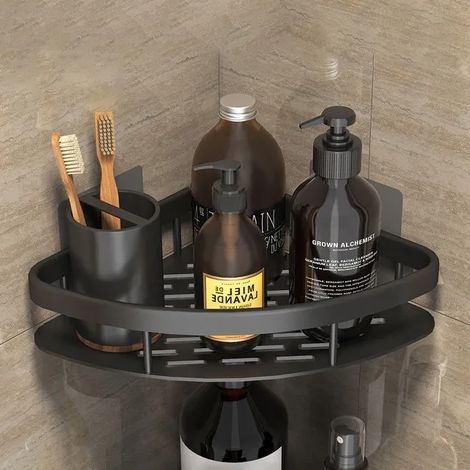 Étagère de salle de bain de luxe (Triangle 1 pièce, noire) sans perçage, étagère murale de douche en aluminium antirouille, porte-serviettes et shampoing, accessoire de rangement pour salle de bain. (1/5)
