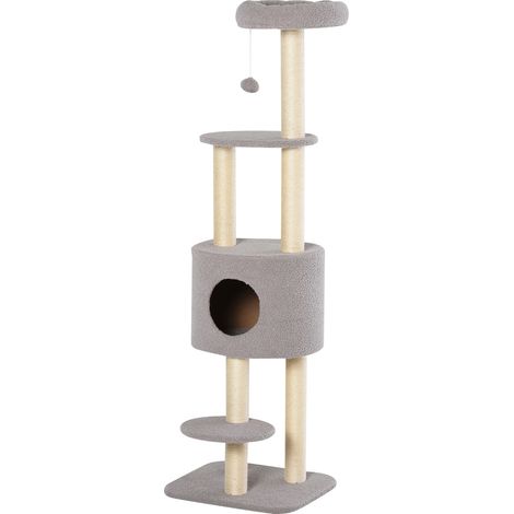 Arbre à chat 148 cm avec poteaux sisal, plateformes, maison et balle suspendue gris (1/5)