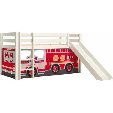 Lit Enfant Surélevé Avec Toboggan "Pino Fire Truck" 90x200cm Blanc (1/2)
