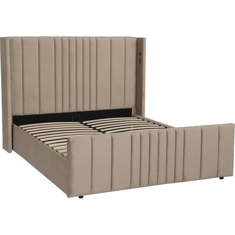 Lit complet avec sommier relevable prises USB et lumières intégrées Line 160x200cm Velours Taupe (1/5)