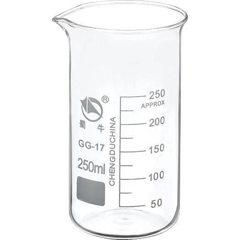 250ml Haut Forme Verre Bécher, 3.3 Borosilicate Verre Gradué Imprimé Échelle Tasses à Mesurer avec Bec Verseur pour Cuisine Laboratoire Liquides (1/5)