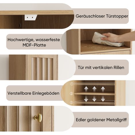 Meuble haut de rangement pour machine à laver, armoire de salle de bain avec portes et étagères ouvertes, placard étroit en bois pour buanderie, balcon, salle d'eau, cuisine, sur pied, finition chêne. (1/5)