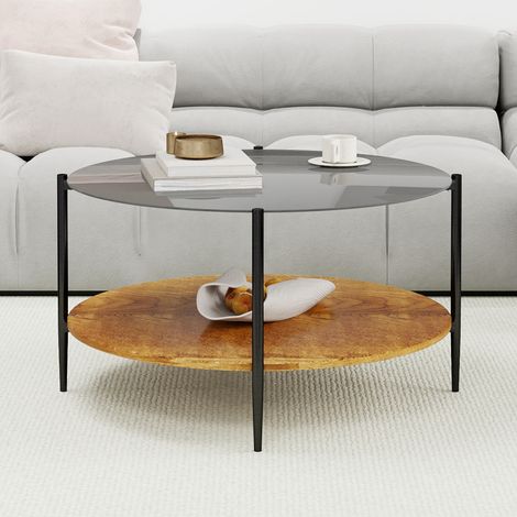 Table basse de salon moderne et minimaliste, avec un plateau rond en verre noir combiné à une couche inférieure en bois, belle et pratique. (1/5)