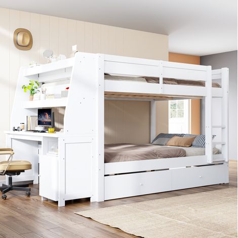 Etagenbett 140/200 cm weiß mit Schreibtisch, Stauraum und Schubladen (1/5)