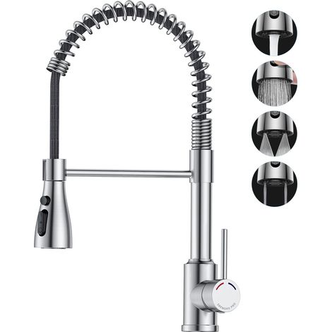 Robinet Cuisine, Spring Mitigeur Cuisine avec Douchette, Bec pivotant à 360°, 4 Modes de Pulvérisation, Arc Élevé, Acier Inoxydable Commerciale Robinet pour éviers de Cuisine à 1 trou (1/5)