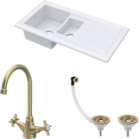 Fireclay Kitchen Bundle 1.5 Bowl Sink with Drainer, Waste & Mono Crosshead Tap, 1010mm - Brushed Brass (1/4)