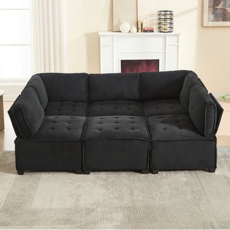 Canapé modulable 6 places en velours côtelé noir, convertible en couchage, configurations en U ou L, poches latérales, assise ergonomique, structure en bois et métal - CHICFURN (1/5)