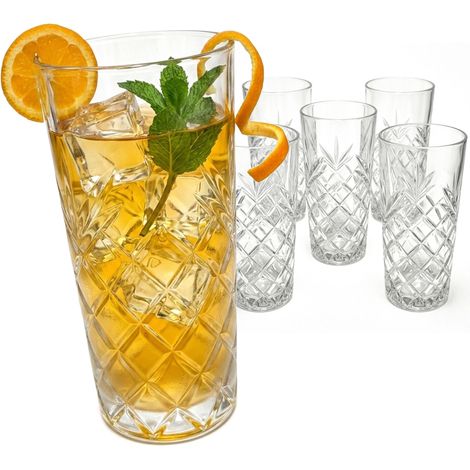 Relaxdays Longdrinkgläser, 6er Set, 300 ml, geschliffene Trinkgläser, spülmaschinenfest, Highball Gläser, transparent