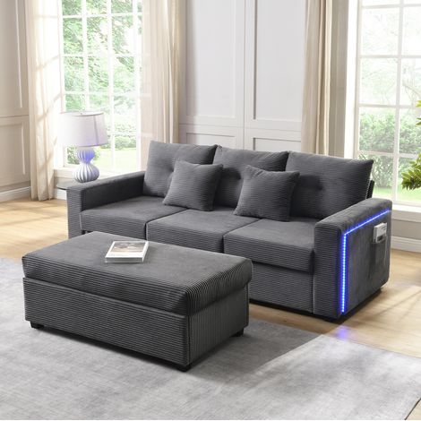 Divano modulare angolare con LED, 3 posti, pouf extra grande, grigio, OKWISH (1/5)