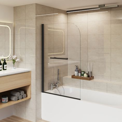1400mm Bathroom Round Bath Screen Reversible 6mm Easy Clean Glass Black with Towel Rail (1/5)