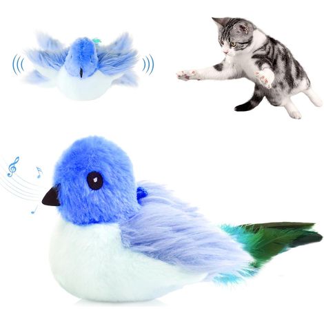 Jouet interactif électrique pour Chat - Jouet en Peluche pour Chaton - Réels battements et gazouillements comme Un Oiseau - Rechargeable - avec Herbe à Chat (Oiseau Bleu) (1/5)
