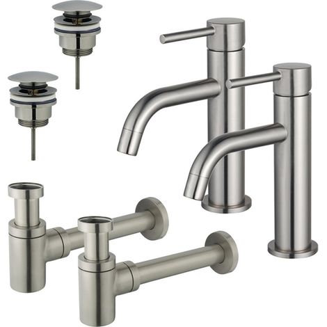 FugaFlow Eccelente Sobrado Slim Kit robinet lavabo - pour double vasque - robinet bas - bonde clic clac - siphon design bas - Inox brossé PVD (1/4)