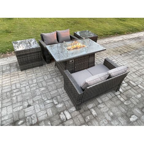 Fimous 4-Sitzer Polyrattan Gartenmöbel Set Garten Sofa im Freien Stuhl Gasfeuerstelle Esstisch Set mit Doppelsitz-Sofa 2 Beistelltische (1/5)