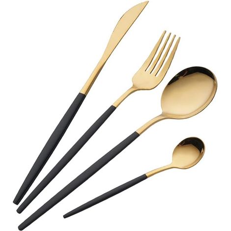 16 Pièces Couverts Or et Noir - Ensemble Avec Poignées Noires Pour 4 Personnes - Comprend Couteau/Fourchettes/Cuillères/Cuillère à Thé (1/4)