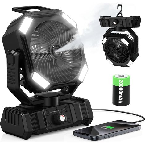 Ventilateur Brumisateur Portable 20000mAh, Réservoir 300ml, Oscillation 45°-90°, Rotation 270°, Télécommande, LED, Ventilateur Camping Rechargeable pour Extérieur, Tente, Bureau (1/5)