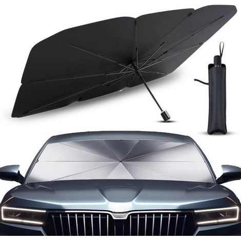 Sonnenschutzblende für die Frontscheibe von Pkw und SUVs. UV-beständig, mit 360° drehbarer Achse und Titanbeschichtung (1140 x 80 cm). (1/5)