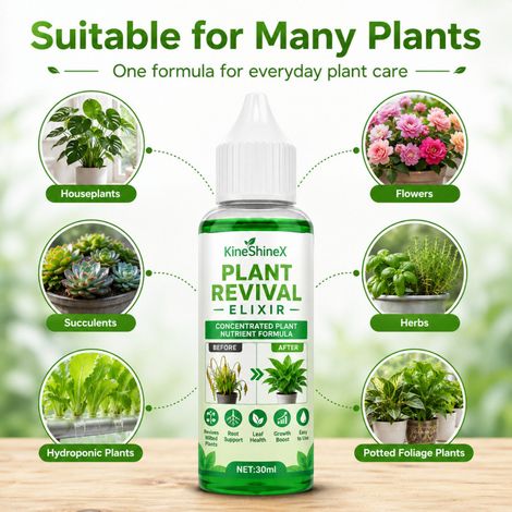 KineShineX Plant Revitalizing Nutrient Solution revitalizes withered plants, promotes root development, improves yellow leaves, and encourages new bud growth. (1/4)