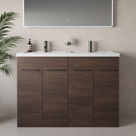 Napoli 390 Brown Oak 1200mm 4 Door Vanity Unit with Double Lucia Basins - 1200mm - Gunmetal Grey 160mm Handle