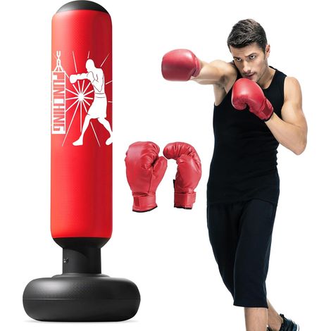 Sac de Boxe Gonflable pour Enfants, 160cm Sac de Frappe sur Pied, Punching Ball avec Gants Formation avec Gants de Boxe, Cadeau Parfait pour Garçons et Filles 3 à 12 Ans Rouge (1/5)