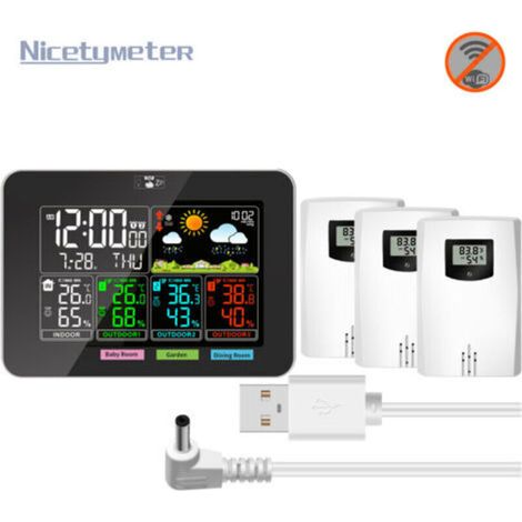 Drahtlose Wetterstation mit 3 Sensoren. Digitales Thermometer/Hygrometer für Innen und Außen. Farb-LCD-Display. Mit Kalender, Uhr, Wecker, Schlummerfunktion, Wettervorhersage, Temperatur- und Luftfeuc