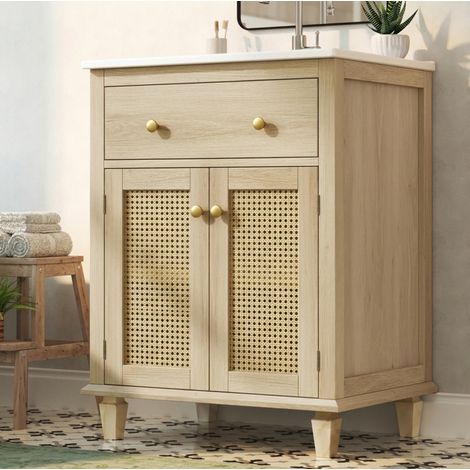 Mueble de baño con lavabo cerámico de 61 cm, puertas de ratán, natural OKMYHOME (1/5)