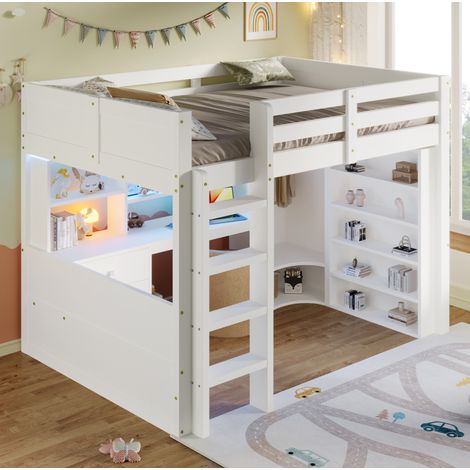 Kinder-Hochbett 140 x 200 cm mit Schreibtisch, Stauraum und LED, Weiß HAVRYA (1/5)