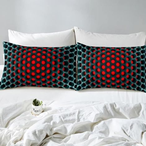 Housse de Couette - Nid d'abeille géométrique - Microfibre - 240x260 cm - 2 Taies 65x65 cm - Rouge (1/4)