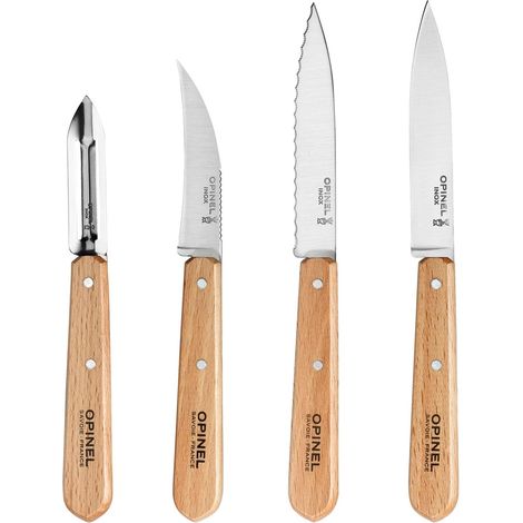 Coffret de 4 Couteaux de Cuisine Les Essentiels - N°112 Office, N°113 Cranté, N°114 Légumes, N°115 Éplucheur - Lame Acier Inox - Hêtre Vernis Naturel (1/5)