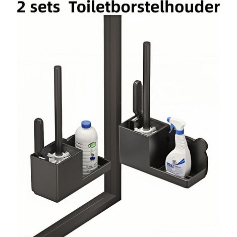 Lot de 2 Porte-brosse WC Fixation murale Salle de bain Nettoyage ménager Lot de brosses longues Version améliorée avec 2 brosses Noir (1/5)