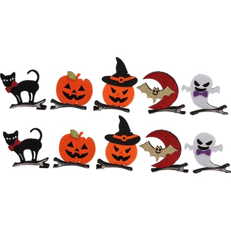 Lot de 10 pinces à cheveux d'Halloween : chauves-souris, chats, citrouilles et fantômes, pour spectacles et fêtes. (1/5)