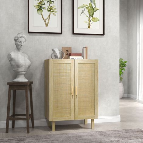 Buffet haut meuble de rangement design bohème double portes avec 3 étagères en cannage - 73 x 41 x 102 cm