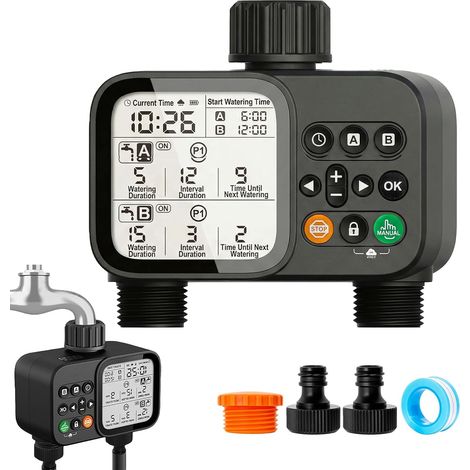 Ordinateur d'irrigation à 2 sorties, minuteur d'arrosage de jardin avec entrée en laiton, système d'irrigation, écran de contrôle de l'arrosage, retard de pluie, minuterie automatique pour le jardin (1/5)