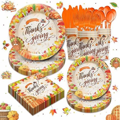 Décorations pour une fête de Thanksgiving sur le thème de la dinde : assiettes, serviettes, gobelets, couverts, feuilles d'érable, articles de fête d'automne pour Thanksgiving (1/5)