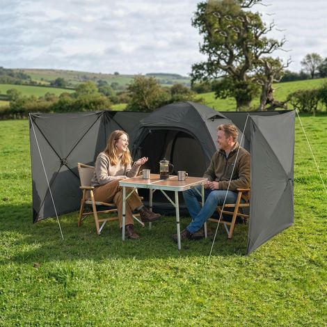Paravent pliable pour le camping et le jardin, avec haubans, piquets et sac de transport, 480 x 120 cm, gris foncé.