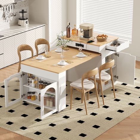 Îlot de cuisine extensible à roulettes avec prises, portes en verre, blanc REDOM (1/5)