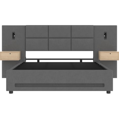 Cama canapé 160x200 cm de terciopelo gris oscuro con cabecero, LED, USB-C y almacenaje (1/5)