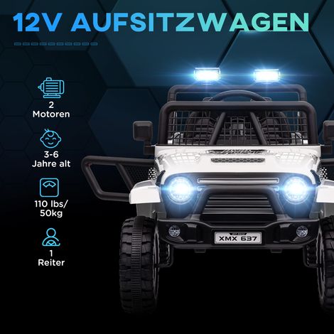 Voiture électrique enfant avec suspension amortie, télécommande, feux LED, avertisseur sonore, moteurs 12V, châssis plastique et métal, blanche (1/4)
