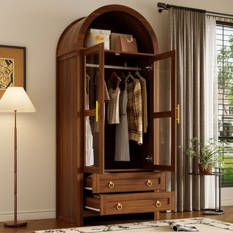 Armoire 185 cm, penderie, avec 2 portes en verre, LED, tringle et 2 tiroirs, design arqué vintage, pour chambre dressing entrée, couleur noyer (1/5)