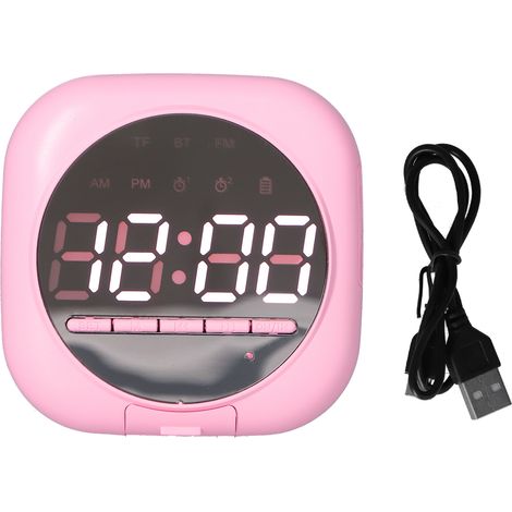 P12 Bluetooth-Lautsprecher mit LED-Uhr, tragbarem Spiegel, Doppelalarm und kraftvollem Bass – Pink