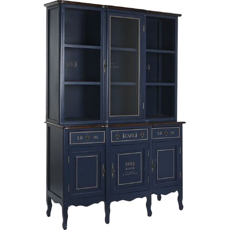 Armoire vaisselier, vitrine en bois de paulownia/verre coloris bleu foncé - Longueur 141.5 x Profondeur 44 x Hauteur 199 cm -PEGANE- (1/5)