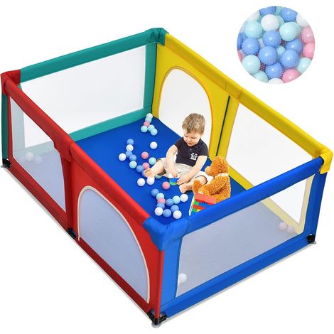 COSTWAY Box per Bambini, Centro Attività Portatile e Sicuro per Bambini, Box Colorato con Cancello, Recinto Extra per Interno ed Esterno con Rete Traspirante Durevole (Colorato) (1/5)