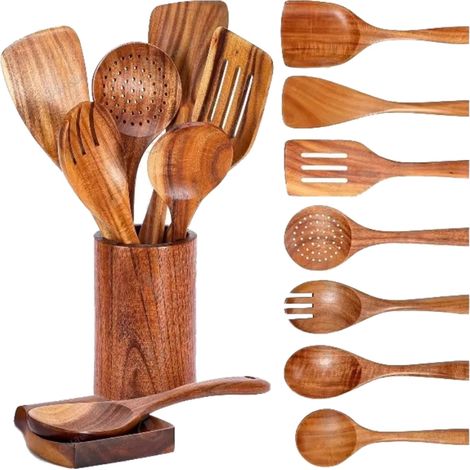 Spatule Wok En Bois Acacia Et Teck Anti-Rayures, Set De 3 Ustensiles Avec Cuillère Pour Poêles