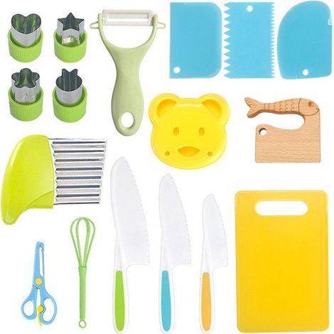 Set di 17 coltelli da cucina per bambini - Per tagliare e cucinare frutta o verdura - Include coltello in legno e tagliere