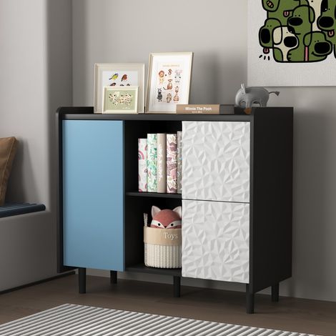 Buffet bas enfilade-design moderne-portes bleues-2 tiroirs-2 compartiments ouverts-armoire à café-90x40x80cm (1/5)