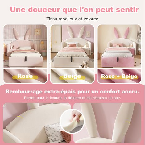 Cama infantil 90x200 cm de terciopelo beige con mesita, para niños, sin colchón – MEUBLIV (1/5)