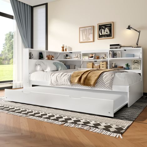 Lit banquette 90x200 cm avec lit gigogne, tête de lit avec rangement, tiroir coulissant, USB Type-C, lit enfant gain de place Blanc (1/5)