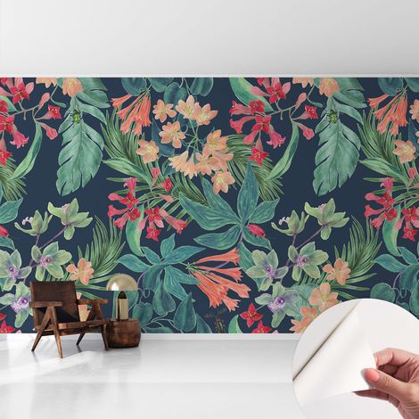 Papier peint adhésif décoratif avec colle pour salon chambre et bureau Installation rapide Fleurs tropicales 416x254 cm (1/5)