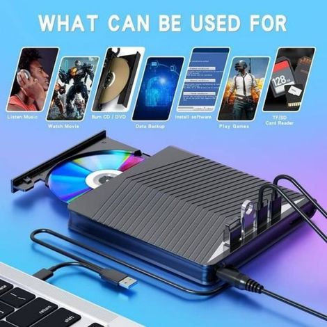 Lecteur Graveur DVD CD Externe - USB 3.0 et USB-C - Compatible Windows Mac Linux - 7-en-1 - Noir (1/4)