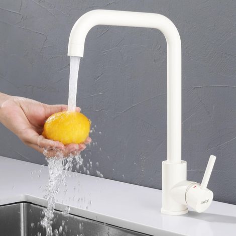 ONECE Robinet de Cuisine Blanc, Mitigeur Evier Cuisine Rotatif à 360°, Robinettrie Pivotant en Acier Inoxydable, Mousseur Démontable, Cartouche Céramique, Beige (1/5)